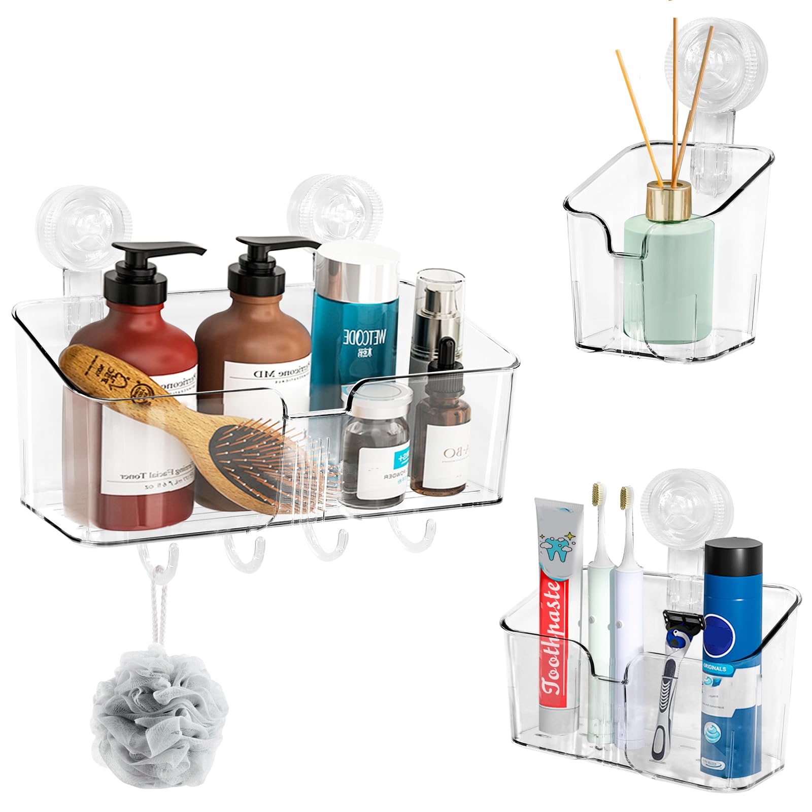 Photo 1 of HYBRIDEAS Clear Shower Caddy Suction Cup Shelf Organizer with Hooks Removable Shower Basket Light Luxury Style Punch-Free Dorm Wall Storage Rack for Kitchen Bathroom Set of 3