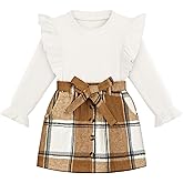 AlisOker Toddler Girl Plaid Outfits Fall Winter Clothes Knit Ribbed Sweatshirt Tops and Button Skirts Set