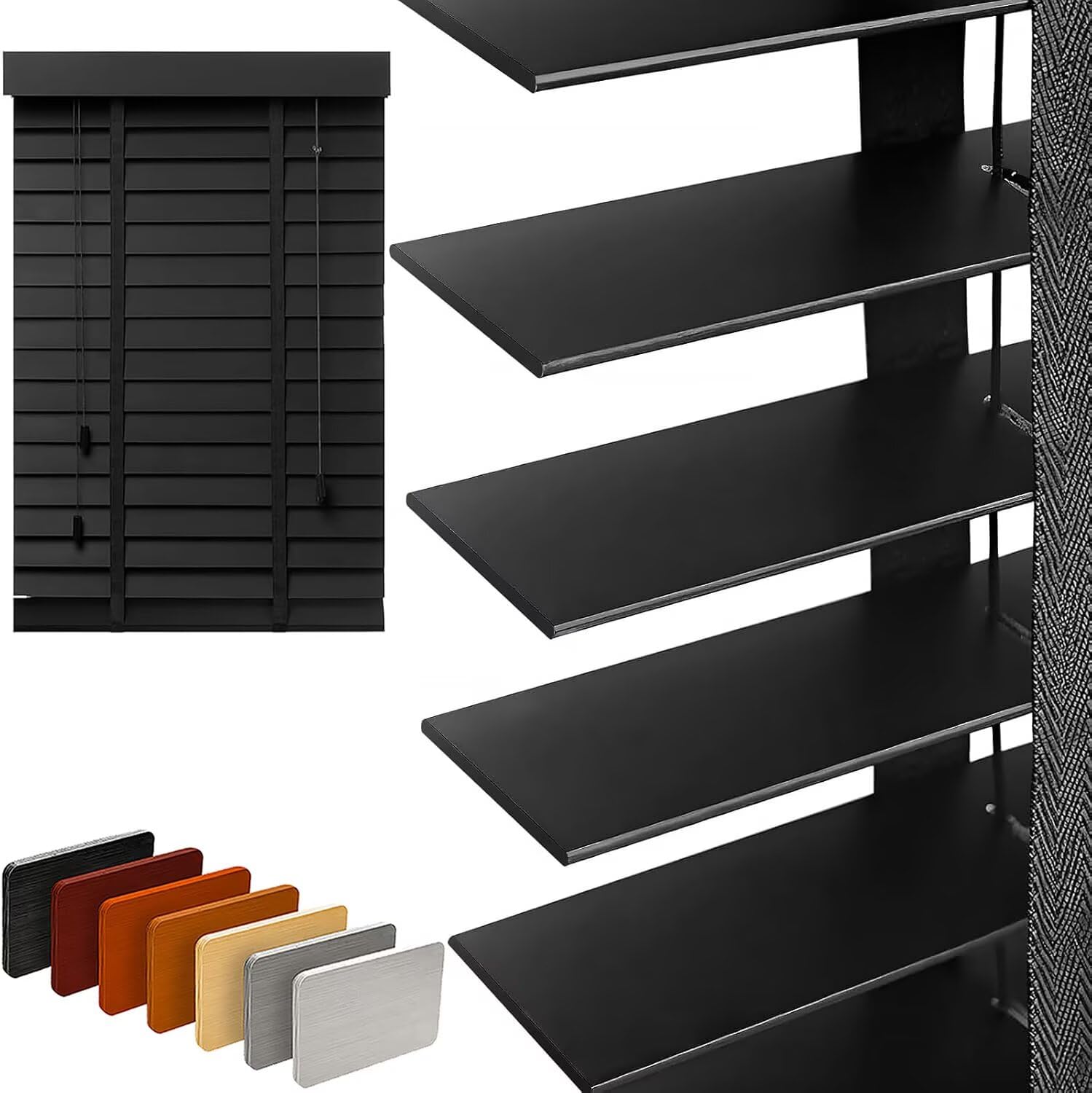 View 1 of 2" Slats Wood Blinds for Indoor Windows: Solid Wooden Blackout Blinds & Shades,Black Out Privacy Horizontal Blinds for Home Bedroom Bathroom Living Room Windows and Doors 22.5" WX48 H Black