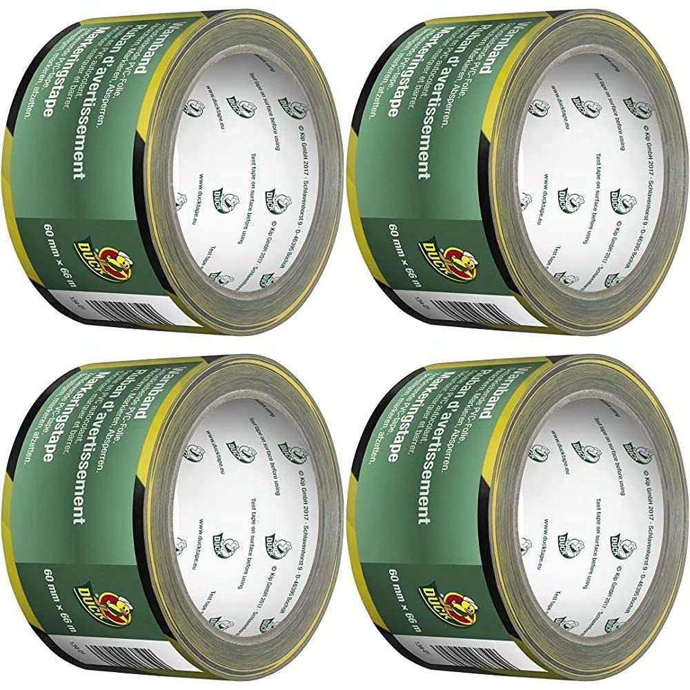 Duck Tape Yellow and Black Hazard Warning Tape 60mm x 66m, Pack of 4