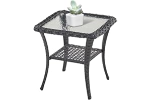 Belord Handwoven Wicker Side Table - 20 Inch Small Outdoor Table 2 Tier Storage with Tempered Glass Top, All Weather Outdoor Patio End Tables for Deck Balcony Outside Black