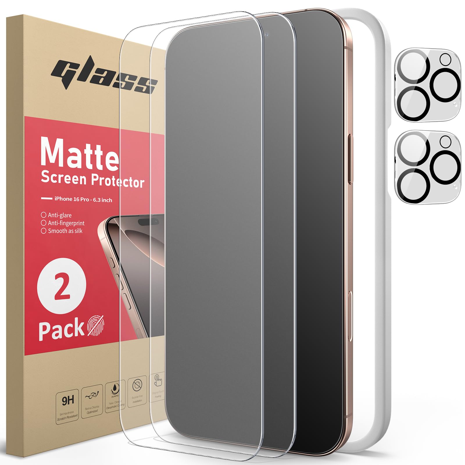 Photo 1 of Ambison 2 Pack Matte Screen Protector for iPhone 16 Pro + 2 Pack HD Camera Lens Protector, Anti Glare & Anti Fingerprint, 9H Tempered Glass Film, Easy Installation Frame, Bubble-Free, Smooth as Silk