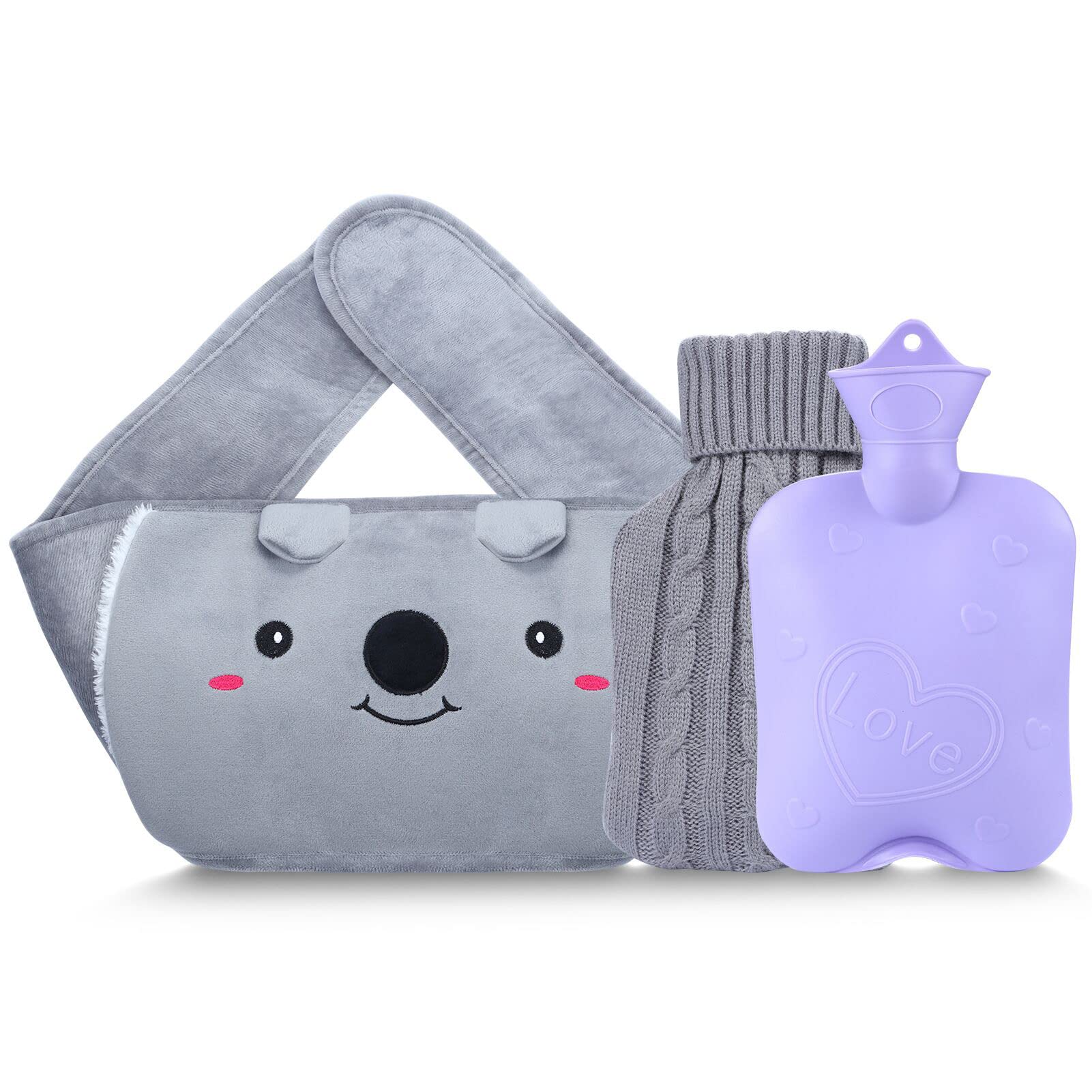 Hot Water Bottle with 2 Pack Waist Cover, Warm Water Bag Rubber Winter Hot Water Pouch with Soft Plush Hand Waist Warmer Cover Hot Water Bag Baby Product (Grey with Cover)