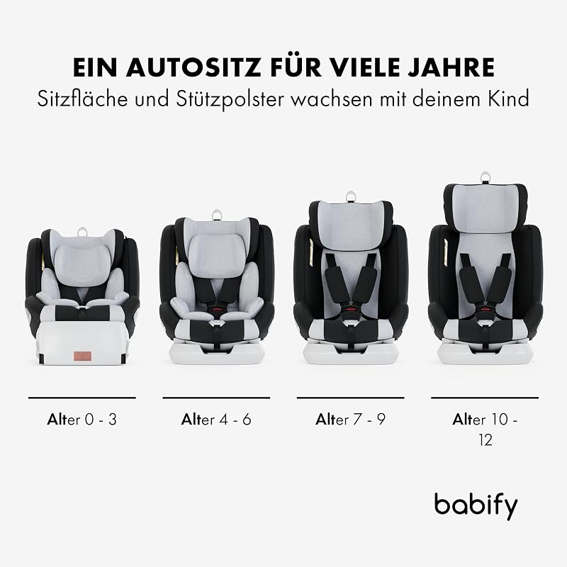 Onboard, Autositz Isofix für Babys und Kinder, 0 Monate - 12 Jahre, 40-150cm, 360°drehbar, tragbarer und sicherer Sitz i-Size ECE R129 Grau