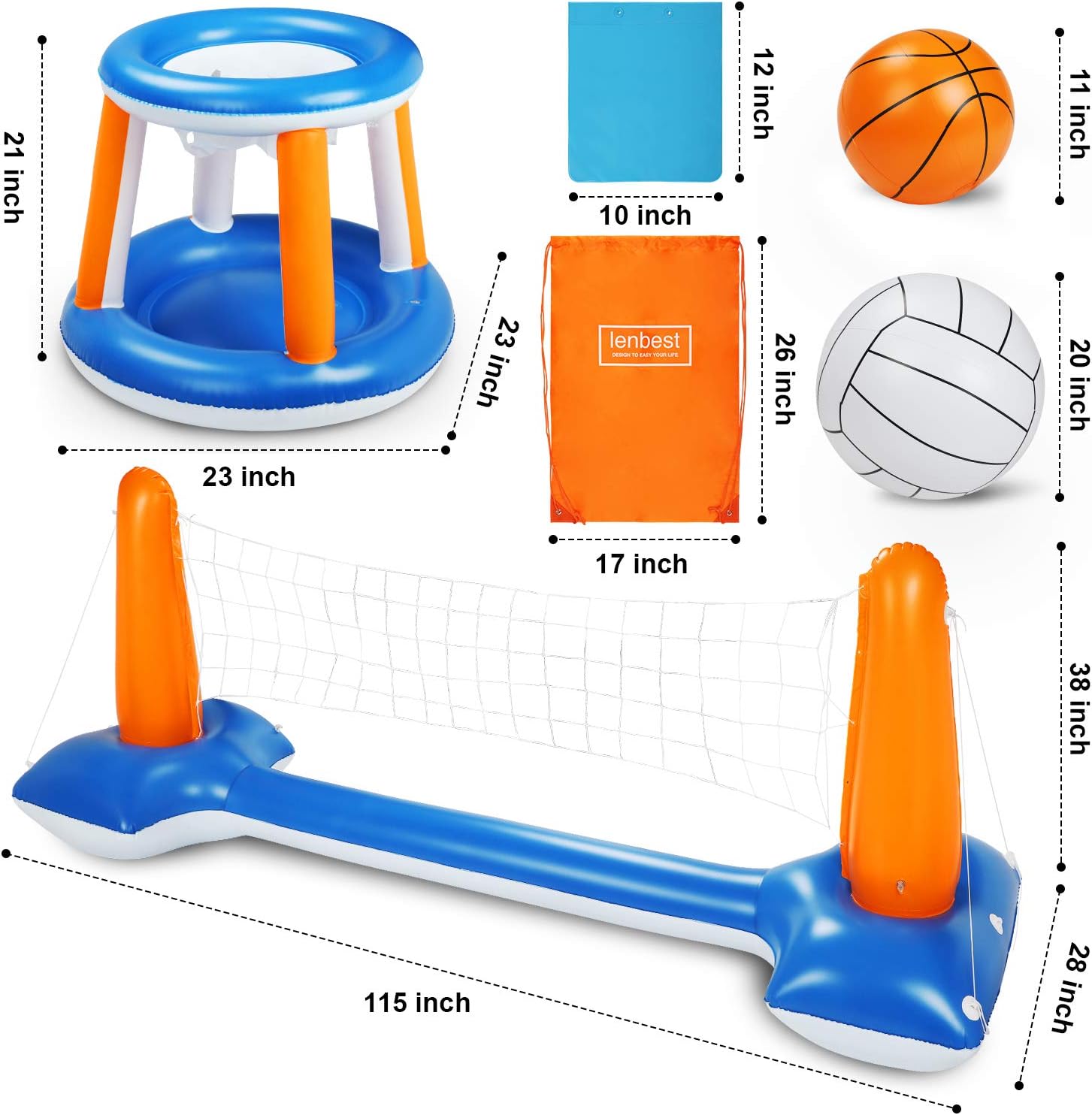 Pool Volleyball Set, 115” Inflatable Pool Float Set Include Basketball Hoop Set & Balls Floating Swimming Pool Toy Pool Volleyball Game for Kids and Adults (115” x 38” x 28”): Sports & Outdoors