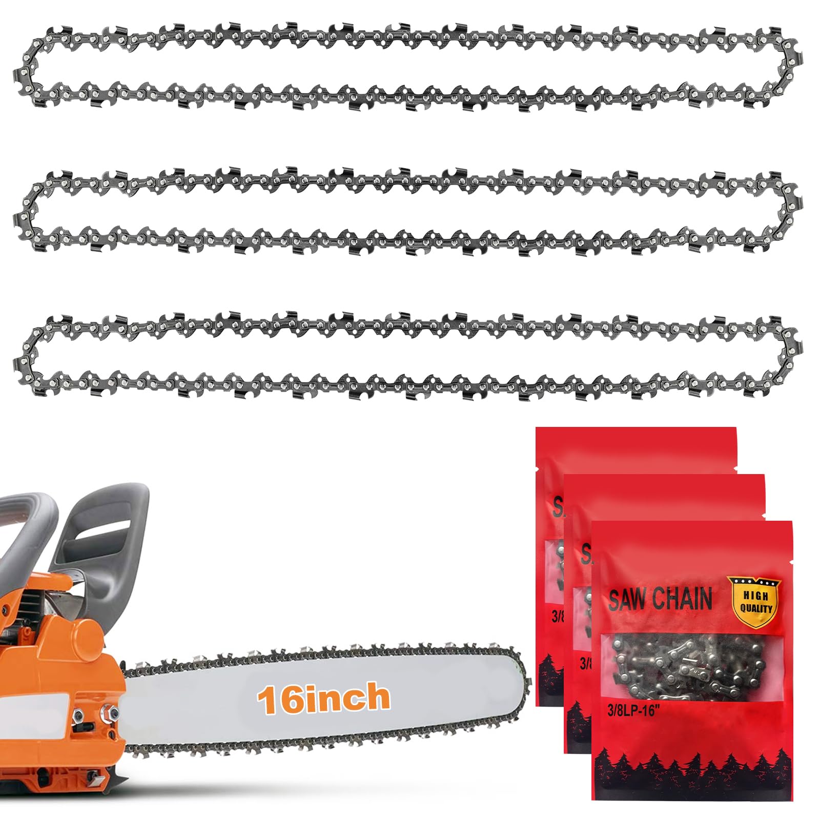 3-Pack Chainsaw Chain for 16 Inch (40cm) Bar, 57 Drive Links, 3/8" LP 0.050" (1.3mm) Gauge, 65 Manganese Steel Replacement Chain Compatible with Titan,Black & Decker,Einhell,Ryobi,and Other Chainsaws