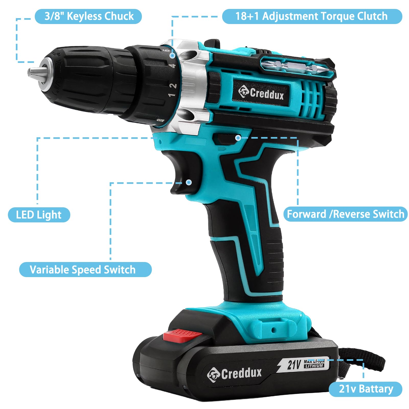 Creddux Cordless Drill Set 21v Power Drill Cordless With Battery & Charger, 84pcs Accessories Electric Drills Variable Speed, 3/8