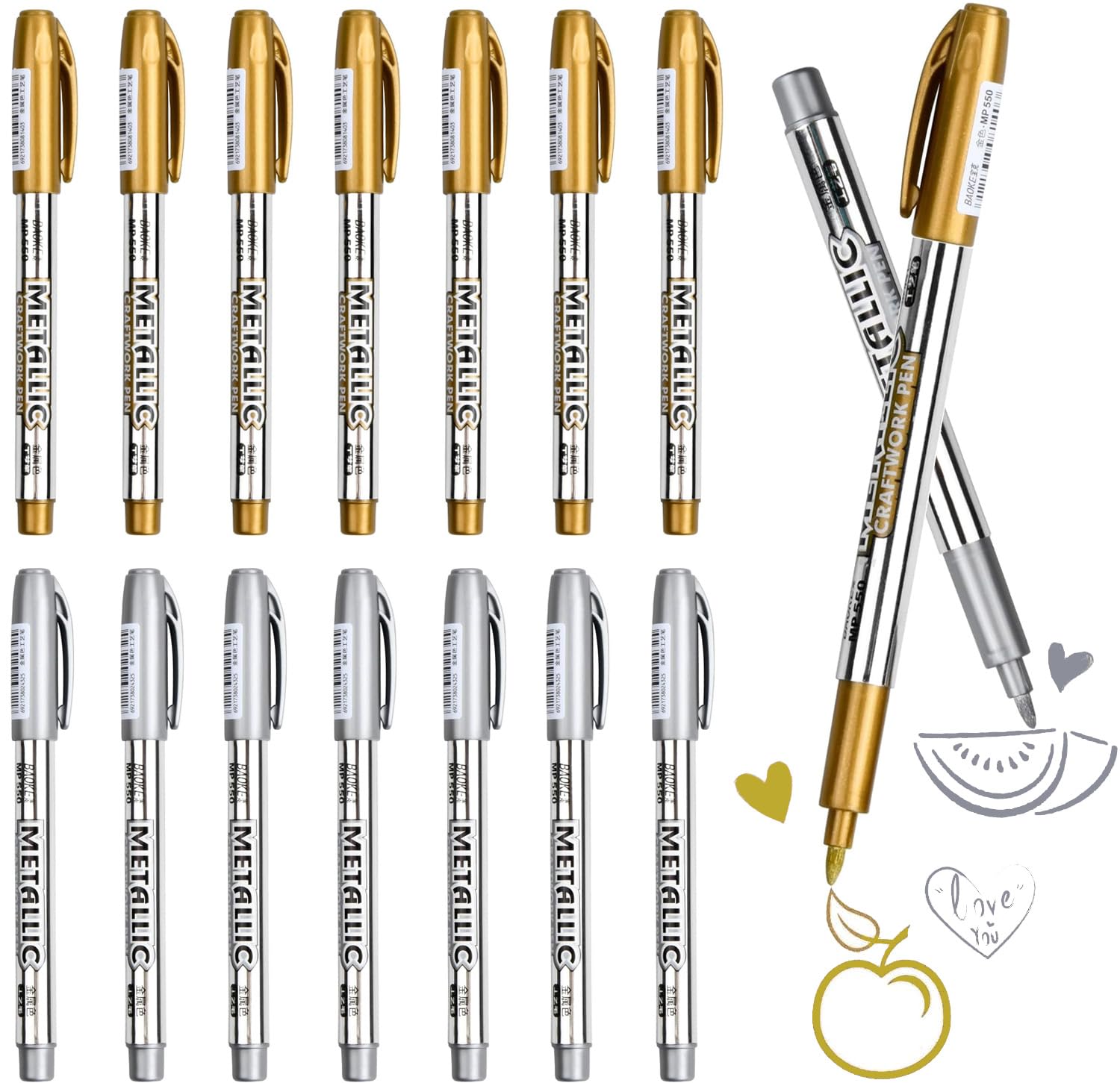 TRUEIN Gold Silver Pens Metallic, 16 Pcs Permanent Metallic Pens, Gold Marker Pen, Gold Silver Pen, for Making Art Card Painting Album DIY Scrapbook