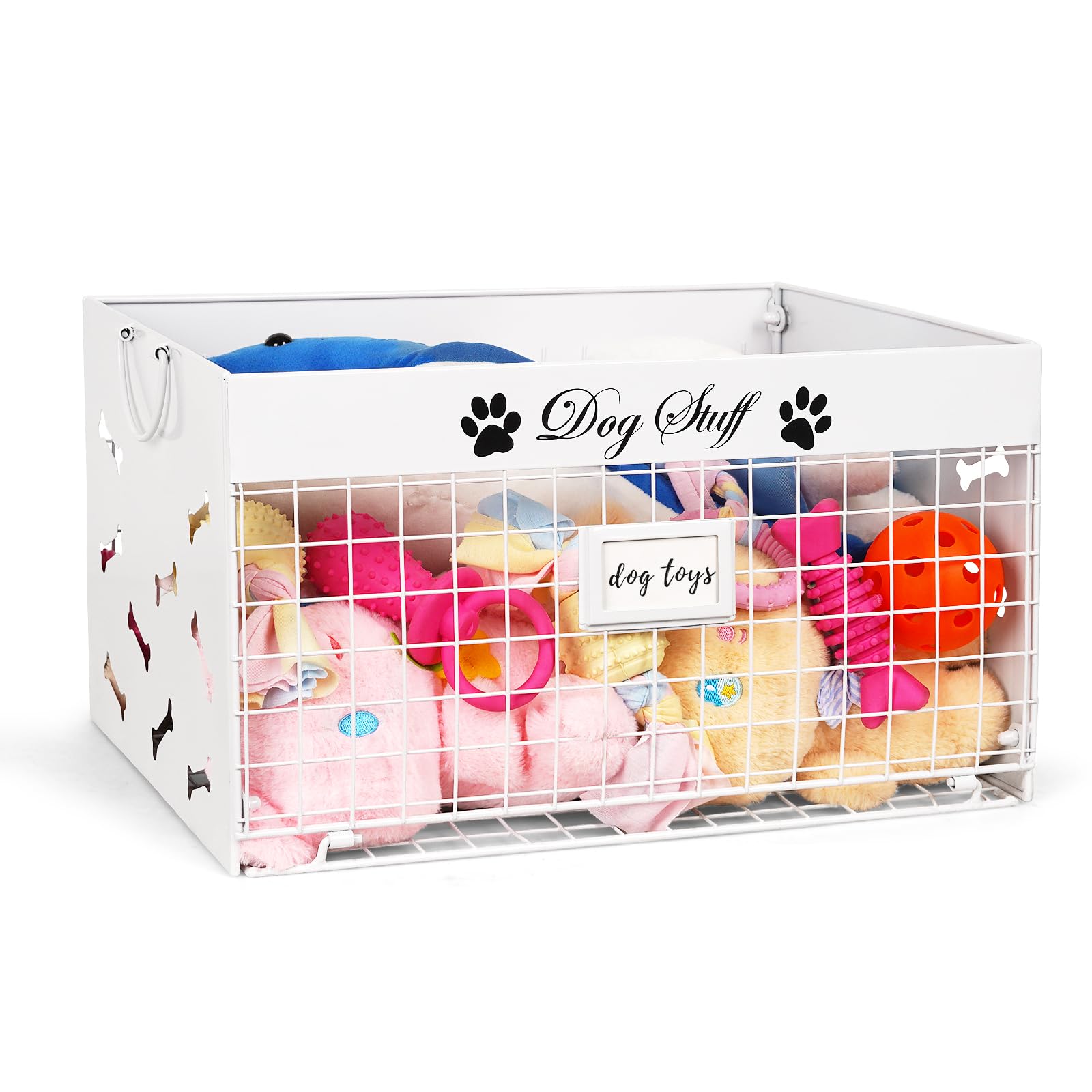 Photo 1 of Bfttlity Dog Toy Basket - Large Dog Toy Box with Handles and Label Position Design for Living Room, Metal Dog Toy Bin Storage for Dogs Chew Pets Toys, Blankets, Clothes, Food (White)