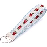 LNKRE JEWELRY Womens Embroidered Wristlet Keychain, Cute Key Chain Lanyard | Boho Double-Sided Floral Fabric Key Fob Bracelet with Metal Clasp, Vintage Wrist Lanyard for Keys, Wallet and Car Bag Charm