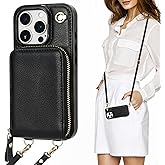 KIHUWEY Crossbody Wallet Case for iPhone 16 Pro, Zipper Pocket Case with Card Holder, PU Leather RFID Blocking Protective Cover Case with Kickstand Detachable Wrist Strap Lanyard 6.3" (Black)