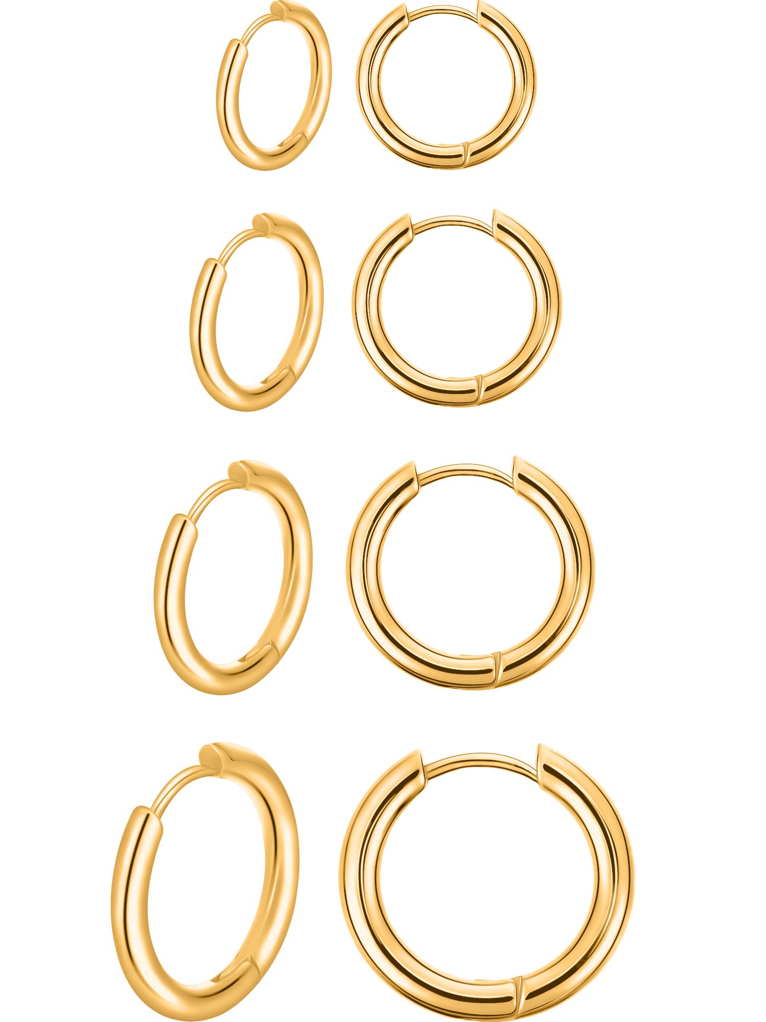 4 Pairs Stainless Steel Hoop Earrings Nose Lip Rings Small Cartilage Hoop Earrings for Men and Women Accessory Favors, 8 mm, 10 mm, 12 mm, 14 mm (Gold)