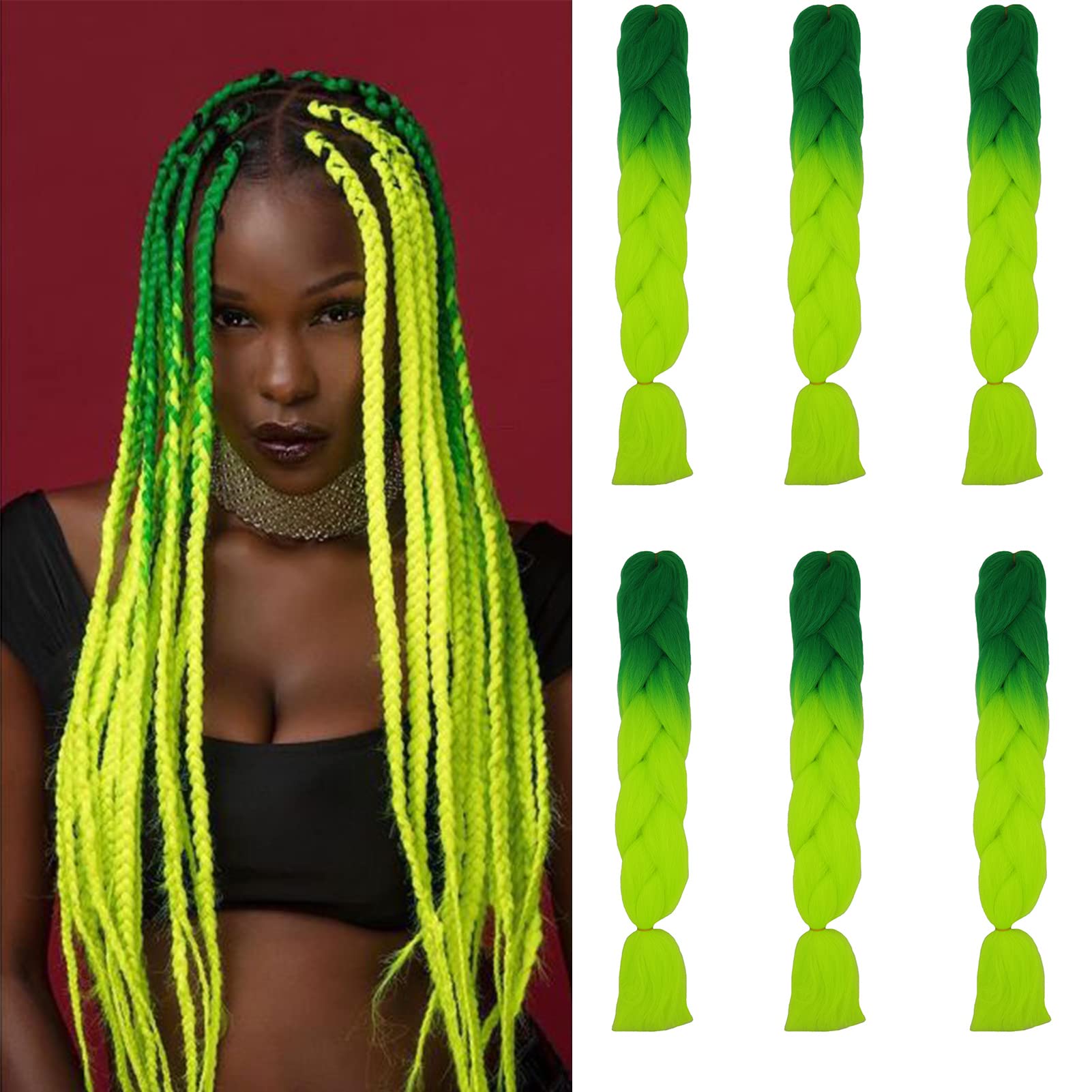 Cybelleza 6 Pcs /600g 24" Braiding Hair Extensions Jumbo Braids Synthetic Crochet Hair Afro Box Braid Heat Resistent (Dark Green&Yellow Green)