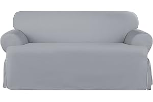 SureFit Heavyweight Cotton Duck T-Cushion Loveseat Slipcovers, Heavyweight Cotton Loveseat Cover, One Piece Design, Loveseat Cover with Seat Elastic and Adjustable Corner Ties, Pacific Blue