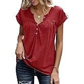 Vankovishion Women's Casual Short Sleeve T-Shirts V Neck Button Up Tunic Tops Summer Rolled Sleeve Henley Shirt