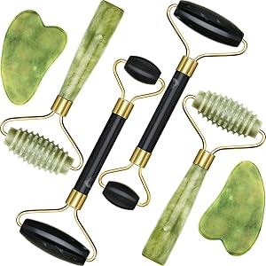4 Pack Jade Roller Facial Ridged Roller Kits Skin Roller with 2 Pieces Gua Sha Scraping Massage Tools Anti Aging and Wrinkles for Face, Eye, Neck, Body for Lymphatic Massage (Style A)