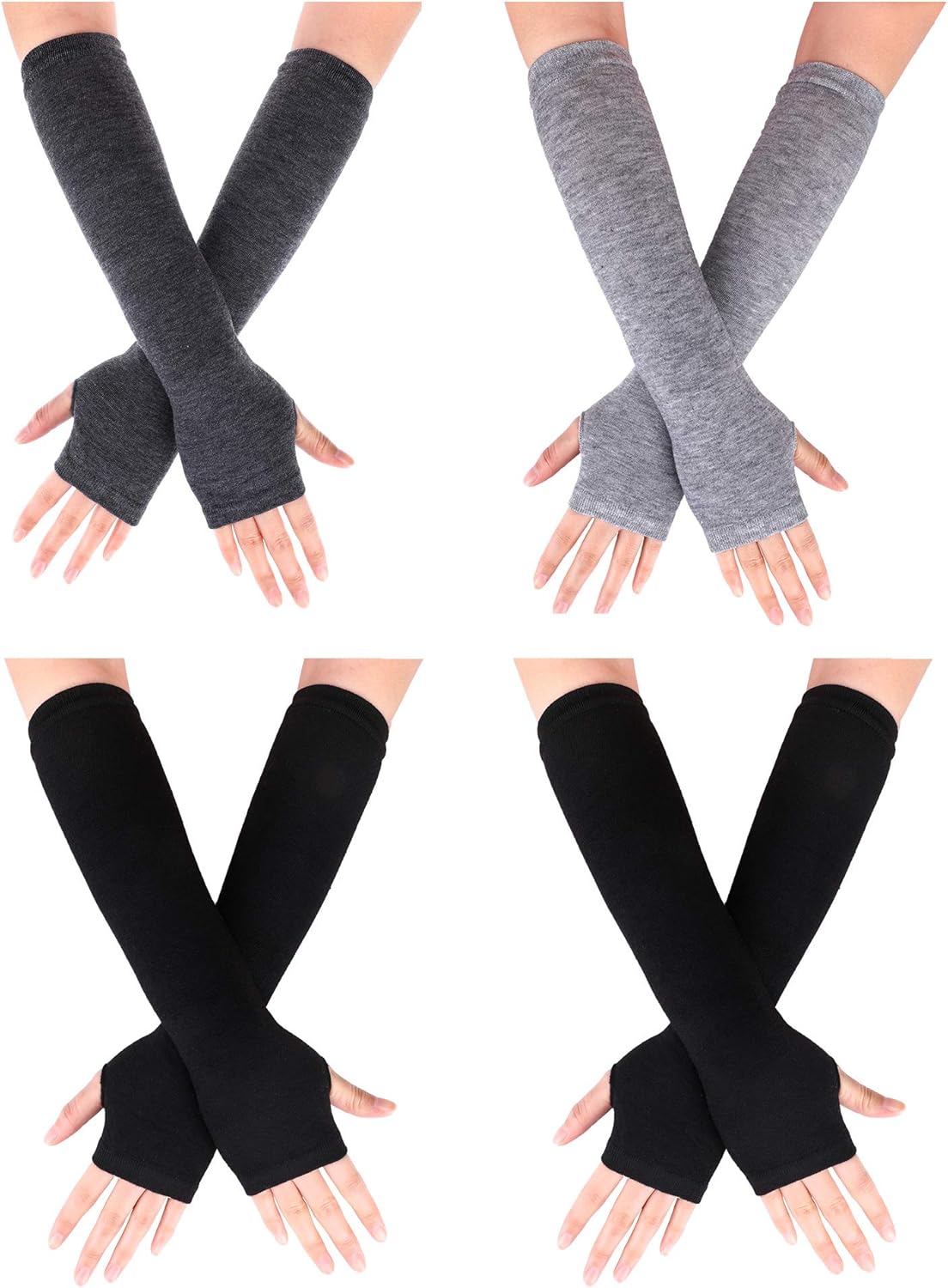 Pangda 4 Pairs Women's Fingerless Mittens Long Knitted Arm Warmers with Thumb Hole Elastic Gloves (Color Set 3): Clothing