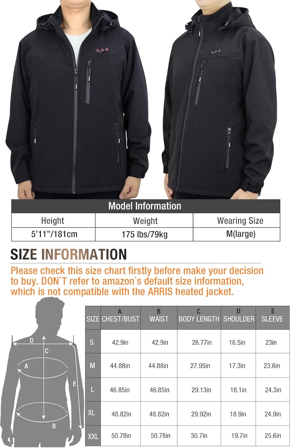 ARRIS Heated Jacket for Men, Electric Warm Heating Coat with 7.4V Rechargable Battery/8 Heating Areas/Phone Charging: Clothing