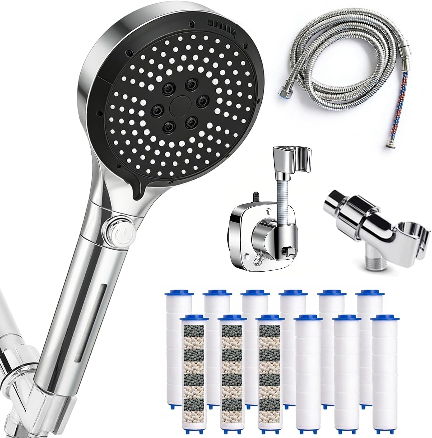 Filtered Shower Head with Handheld - High Pressure 6 Spray Modes Showerhead with Filters, Shower Head With Movable Bracket & 75" Anti-Burst Hose | 12 Replaceable Water Softener Filters for Hard Water