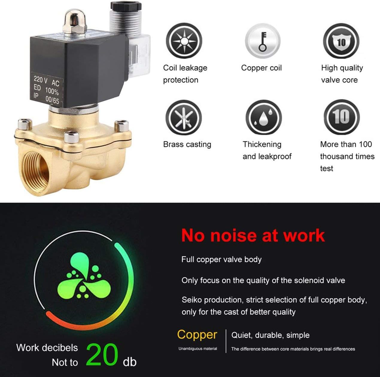 Practical 3/4 Inch AC 220V 2W Square Coil Pure Copper Direct Acting Solenoid Valve Single Electromagnetic Valve - Black & Golden
