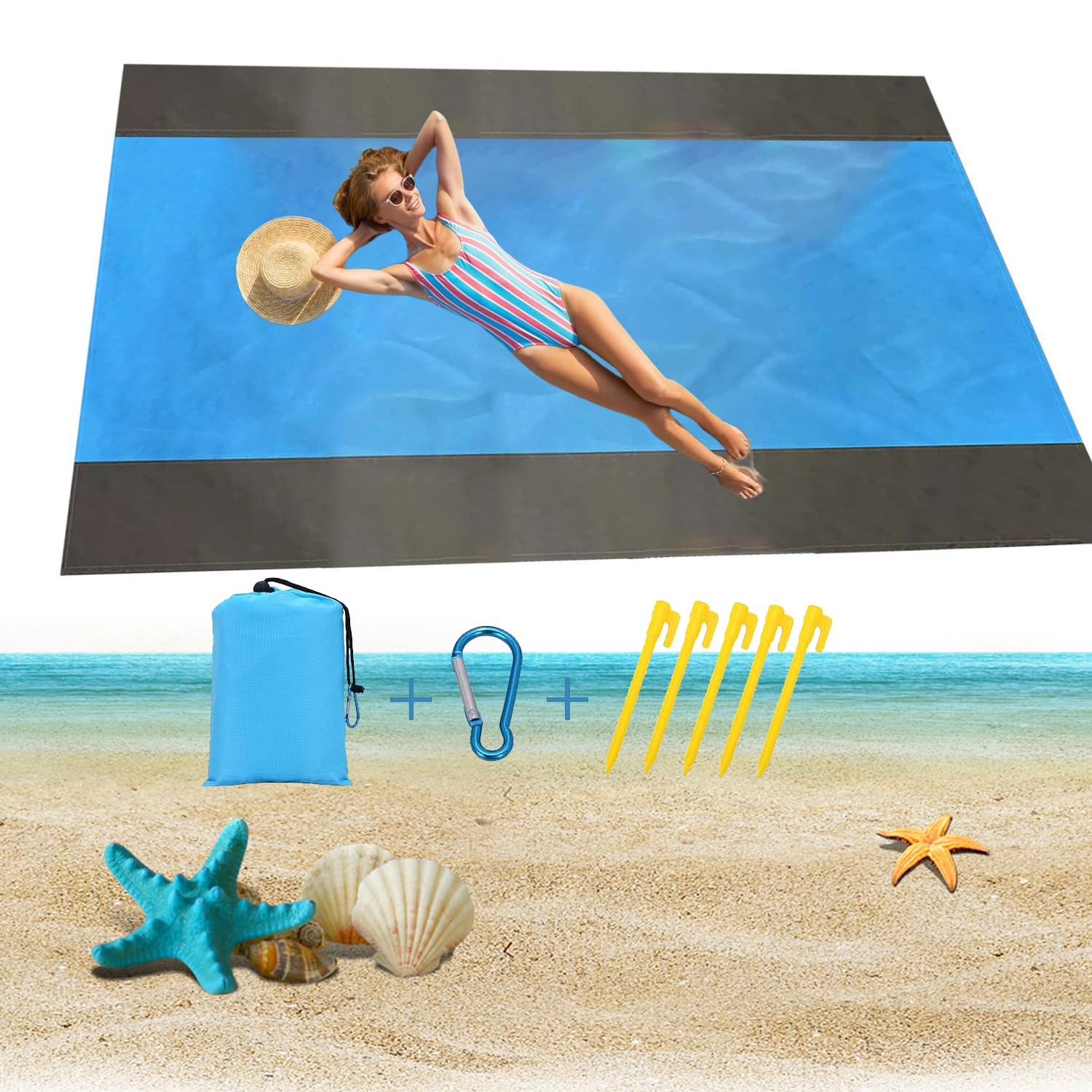 Norhogo Beach Blanket Sand proof, Extra Large 210 x 200cm Water Resistant Sand Proof Picnic Blanket with 4 Fixed Nails and Corner Pockets, for Travel/Camping/Hiking/Music Festivals (Blue)