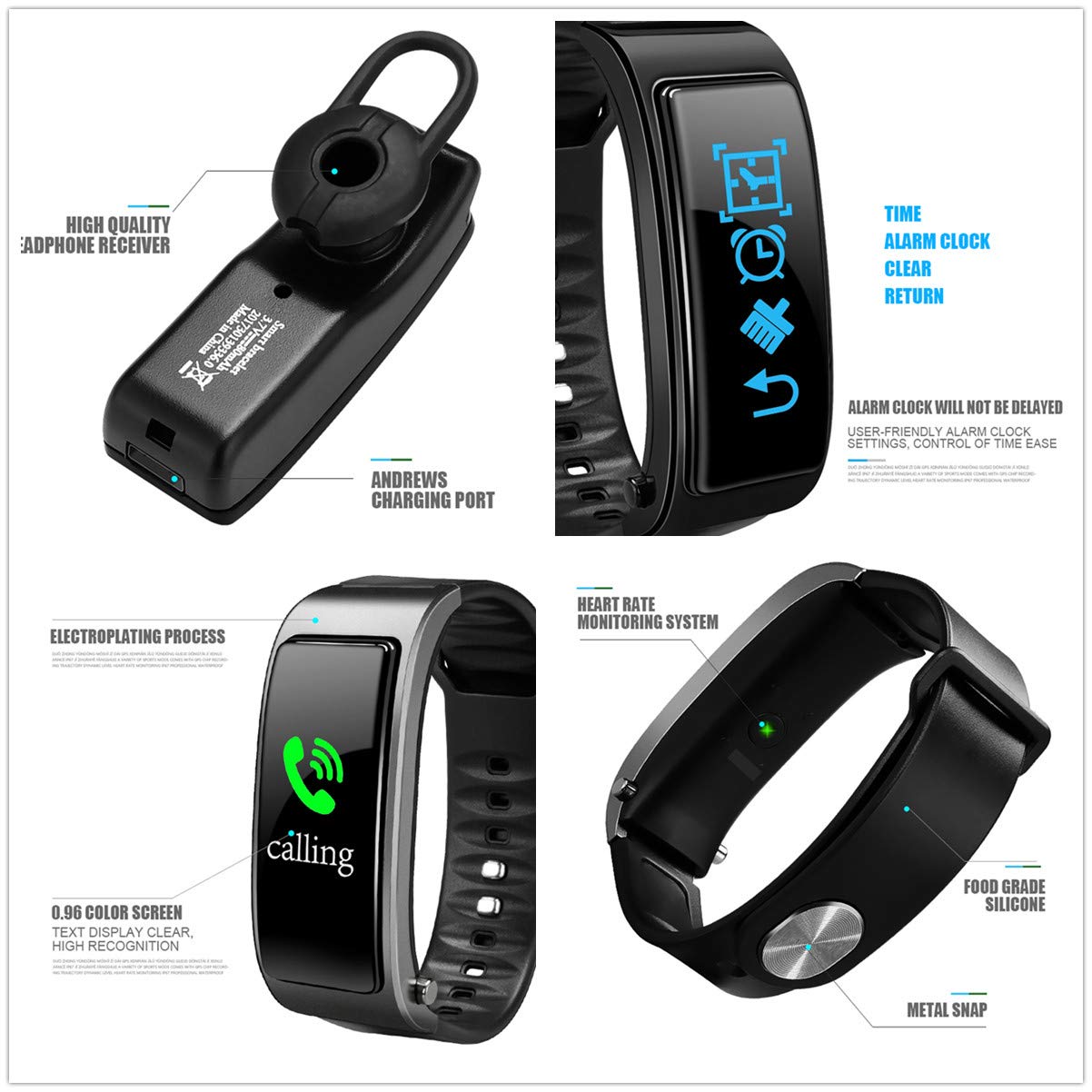 Y3 Plus Talk Band 0.96 Color Screen 2 in 1 Bluetooth Headset Smart Bracelet Handsfree Smart Watch Fitness Headset Earphone for Android iOS (Black)