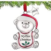 Baby's First Christmas Ornament 2025 - Silver Heart with Hanging Teddy Bear Babies 1st Christmas Ornament, Baby Keepsake Ornament 2025 with Gift Box