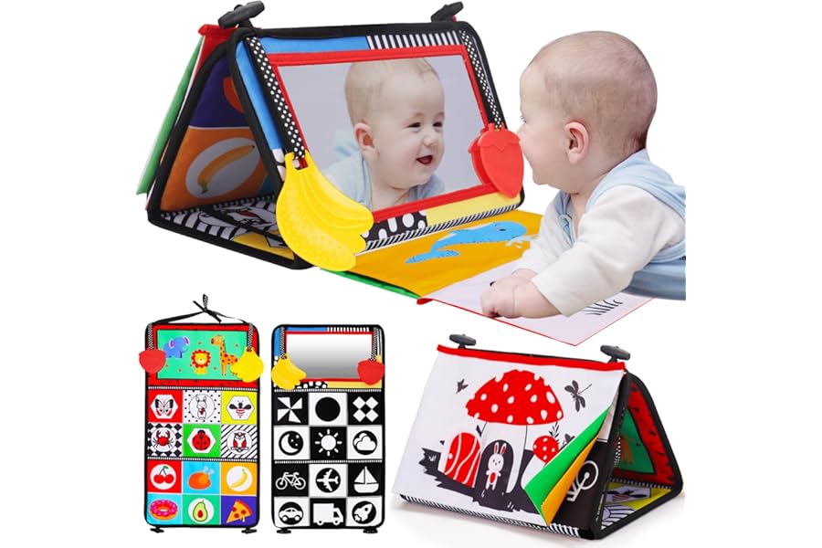 Tummy Time Baby Mirror Infant Toys Newborn 0 3 Months Brain Development with Crinkle Cloth Book Teether Black and White High Contrast Baby Toys 2 4 5 0-6 Month Boys Girls Sensory Activity Shower Gifts