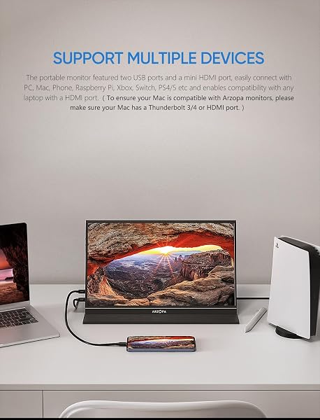 ARZOPA PORTABLE MONITOR, 15.6” 1080P FHD LAPTOP MONITOR USB C HDMI COMPUTER DISPLAY HDR EYE CARE EXTERNAL SCREEN W/SMART COVER FOR MAC PHONE XBOX SWITCH PS5-S1 TABLE