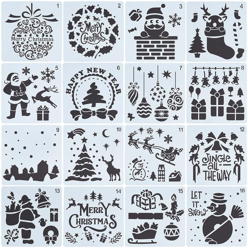 GORGECRAFT 15cm 16 Styles Santa Claus Stencils Reusable Painting Christmas Stencil Plastic Drawing Templates DIY Decorative Socks Presents Tree Snowman Template Crafts for Wood Wall Decor