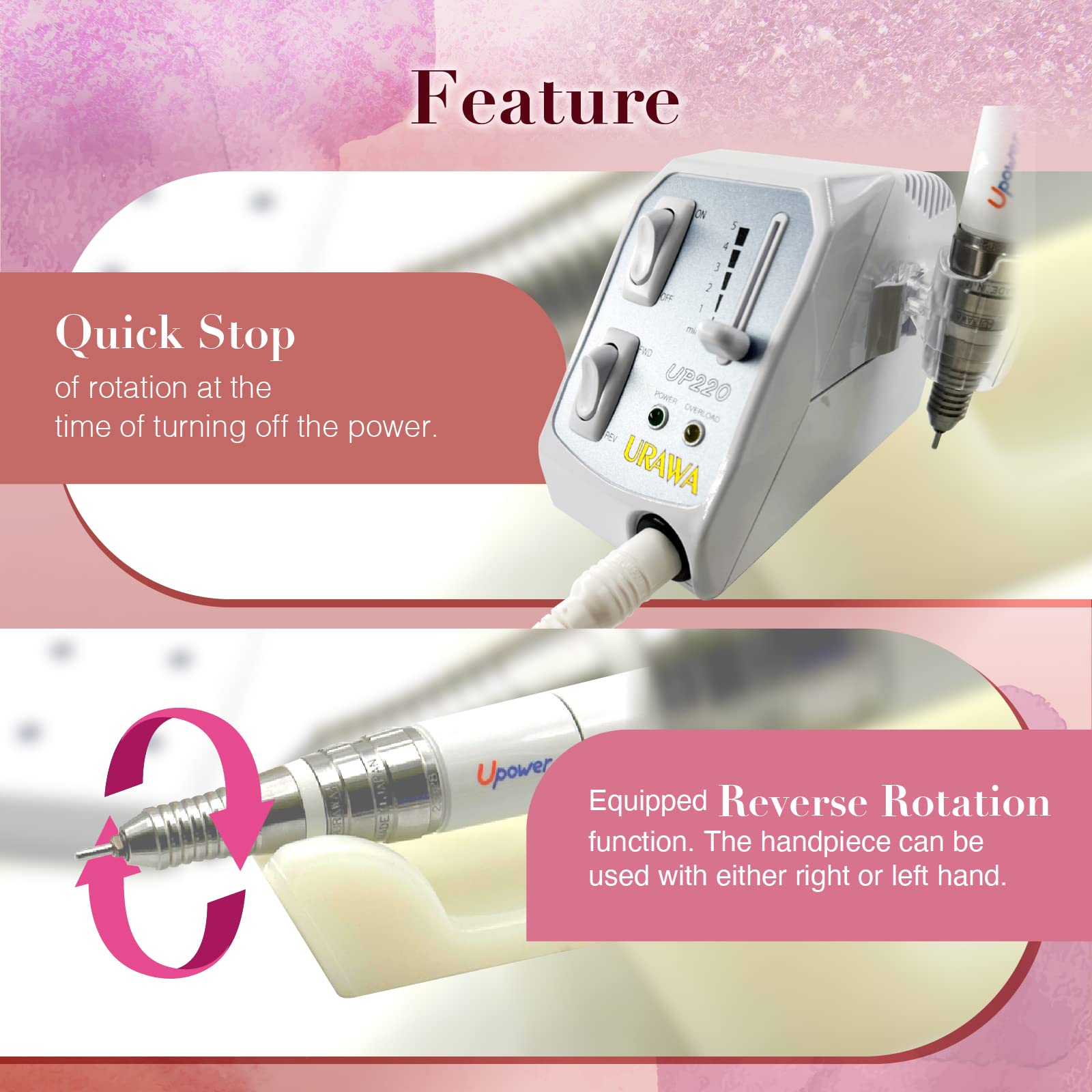 [Upower] UP220 Professional Nail Drill Machine, 20000 RPM Electric File for Nails, Low Noise & Low Vibration, Home and Salon Use (Made in Japan) Produced by URAWA Corp. [White-Blue]