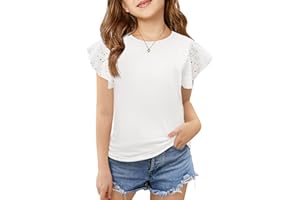Imily Bela Girls Ruffle Sleeve Shirts Summer Crewneck Eyelet Tee Tops Casual Cute Blouse 4-15 Years