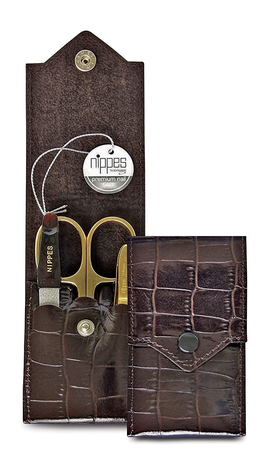 nippes Solingen Premium Line Croco Manicure Set, 3 Pieces, Nickel-Plated and Gold-Plated Nail Care Set, Cowhide Leather Case in Crocodile Design, Manicure Pedicure, Made in Germany