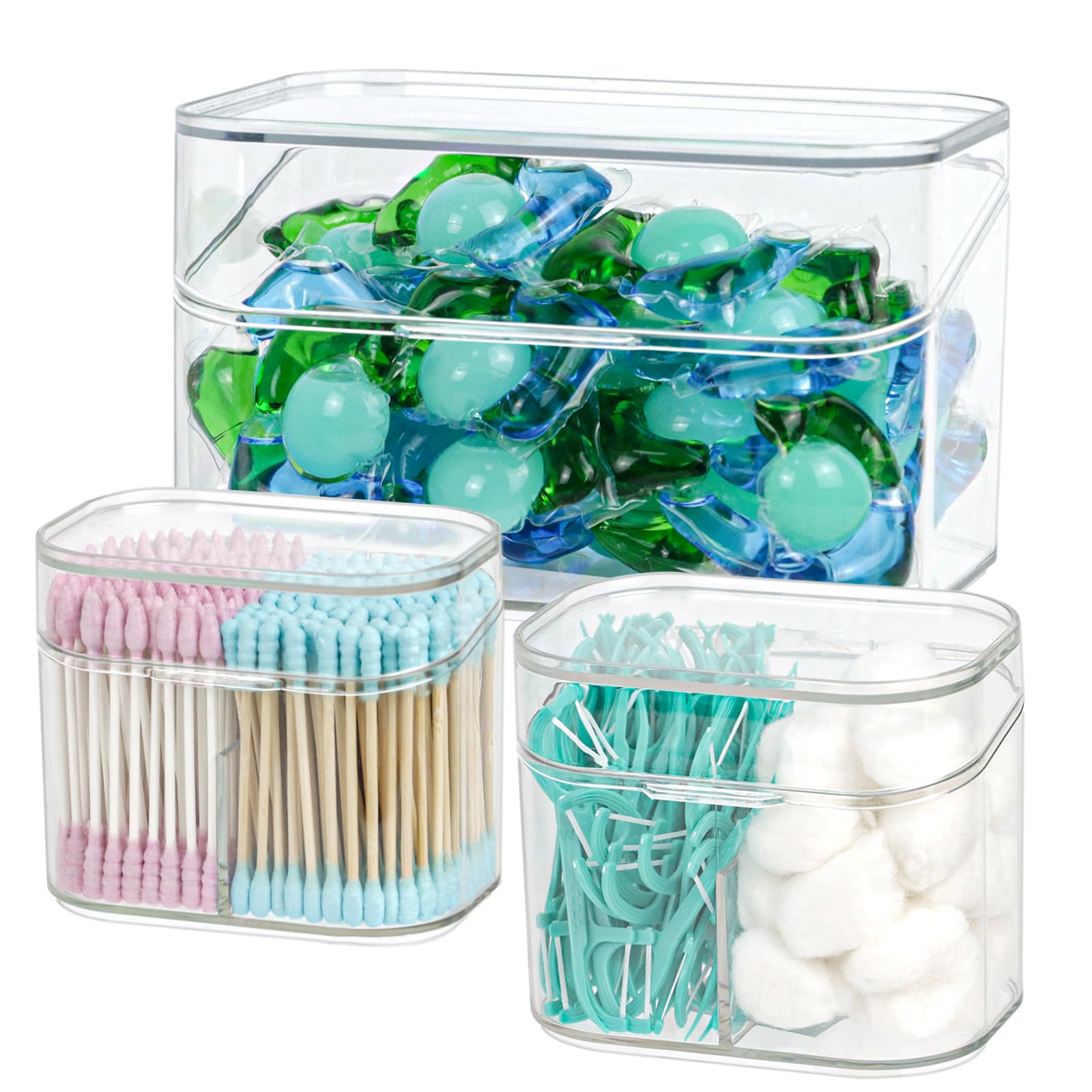Photo 1 of ***(MINOR DAMAGE/ SEE NOTES FOR DETAILS)***Clear Bathroom Organizer, 2-Size Essentials Set for Hail Accessories & Beauty Supplies,Cotton Swabs,Balls,Pads - Small Clear Plastic Canister Apothecary Jar Set, Vanity Makeup Storage Organizer (L+2S)