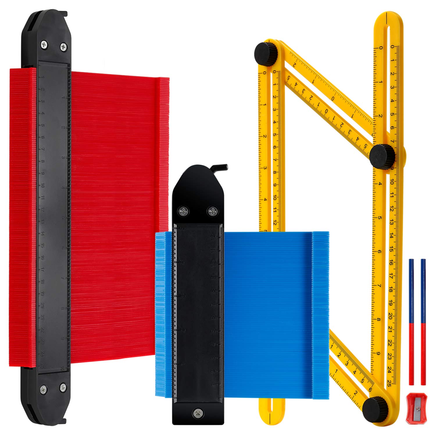 Contour Gauge Duplicator with Lock, Extra Wide Plastic Outline Profile Shape Contour Duplications Gauge Tool 5" & 10", 2 Pack Widen Guage with Angle Layout Measuring Ruler, Pencil, Pencil Sharpener