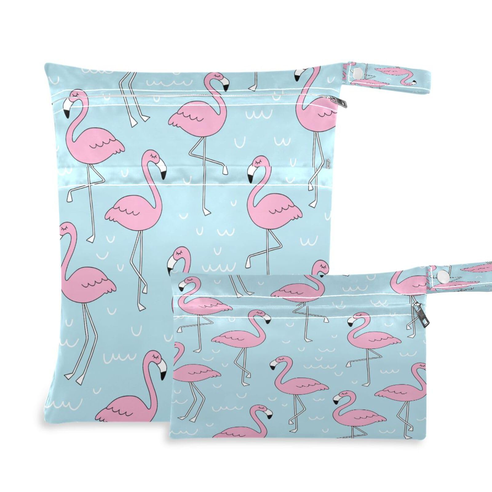 JUMBEAR Tropical Flamingo Wet Dry Bags Sets Waterproof Reusable Travel Beach Baby Cloth Diaper Wet Dry Bags Organizer with Two Zippered Pockets for Swimsuit and Gym 2PCS