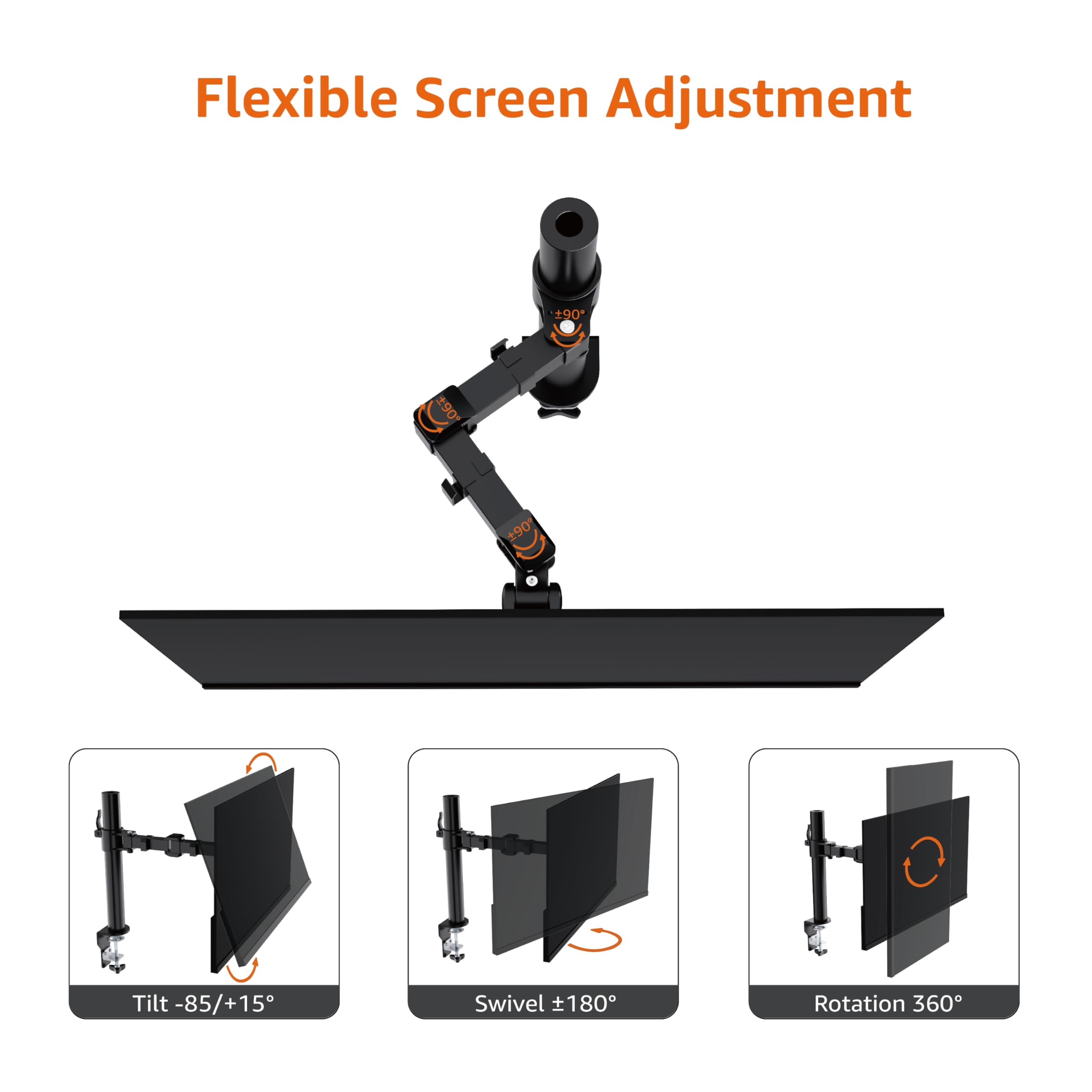 Amazon Basics Single Computer Monitor Stand with Tilt and Rotation, Height Adjustable VESA Desk Arm Mount, Steel, 30 inches, Black