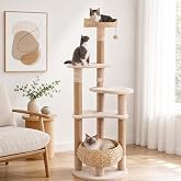 PETSITE 65-inch Cattail Cat Tree Tower, Multi-Level Cat Tower with Natural Jute Scratching Posts, Cat Bed, Top Perch, Dangling Balls and Jumping Platforms, Modern Tall Cat Tree for Indoor Cats