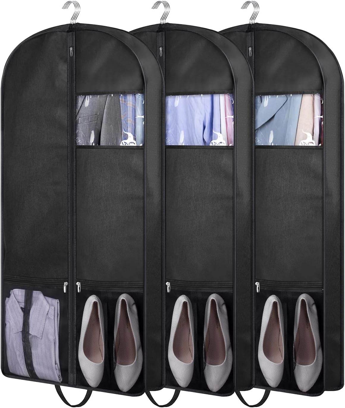 KIMBORA 43" Suit Bags for Closet Storage and Travel, Gusseted Mesh Hanging Garment Bags for Men Suit Cover With Handle for Clothes, Coats, Jackets, Shirts（3 Packs，Black）