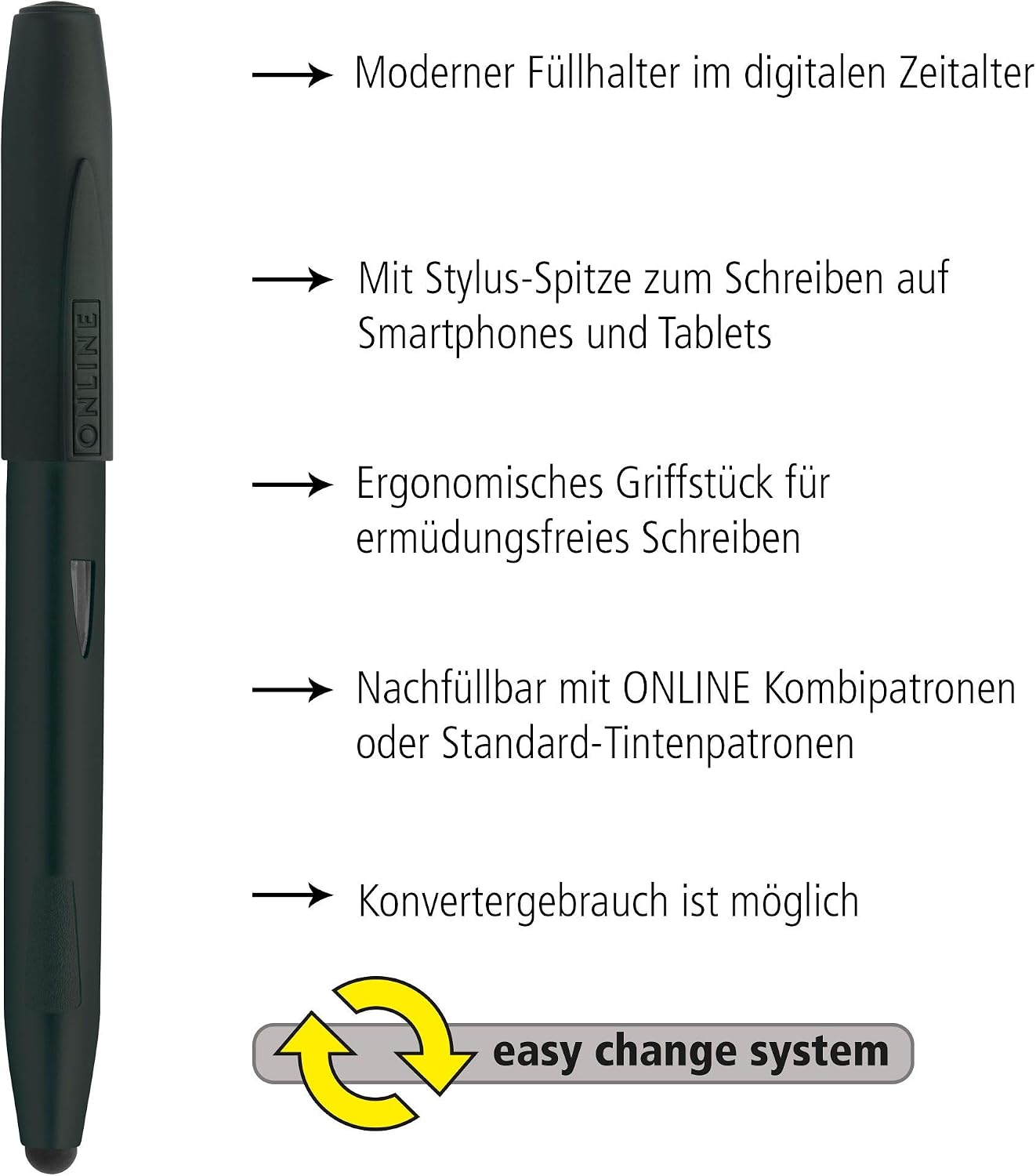 Online Switch Expert Fountain Pen for Tablets and Smartphones Multifunctional Pen with Standard Ink Cartridges, Black - Image 3