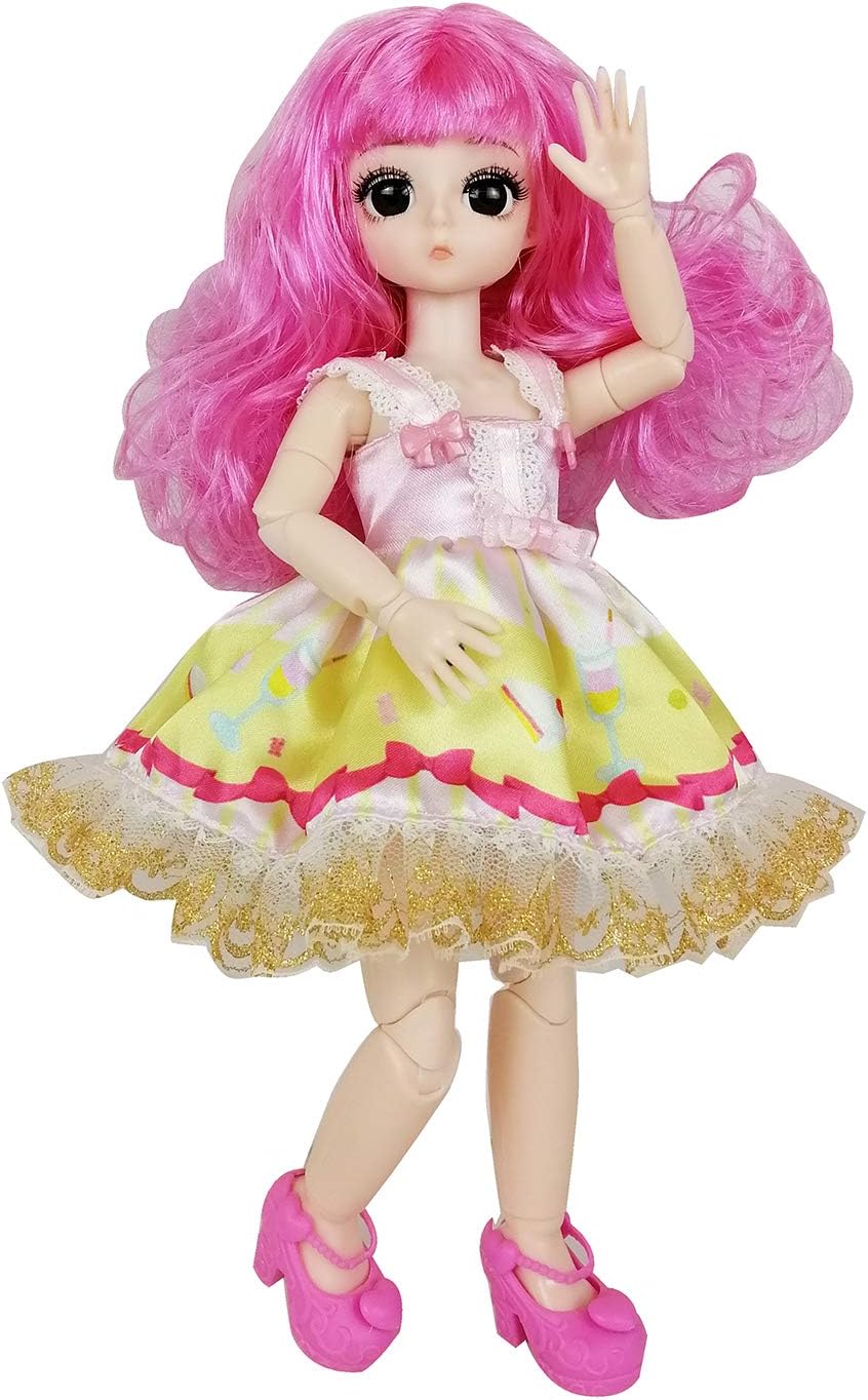 EVA BJD 1/6 28cm 12' Jointed Plastic Dolls Girl with Wig Shoes Dress Clothes Girl's Gift Toy DIY Model (Pink)