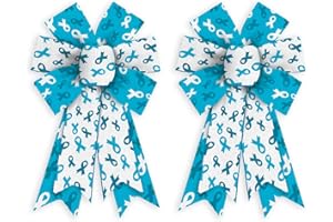 Threetols 2pcs Ovarian Cancer Awareness Wreath Bows, PTSD Awareness Bows for Wreath Cyan Bows for Front Door, Blue Tree Bows for Ovarian Cancer Survivor Party Supply