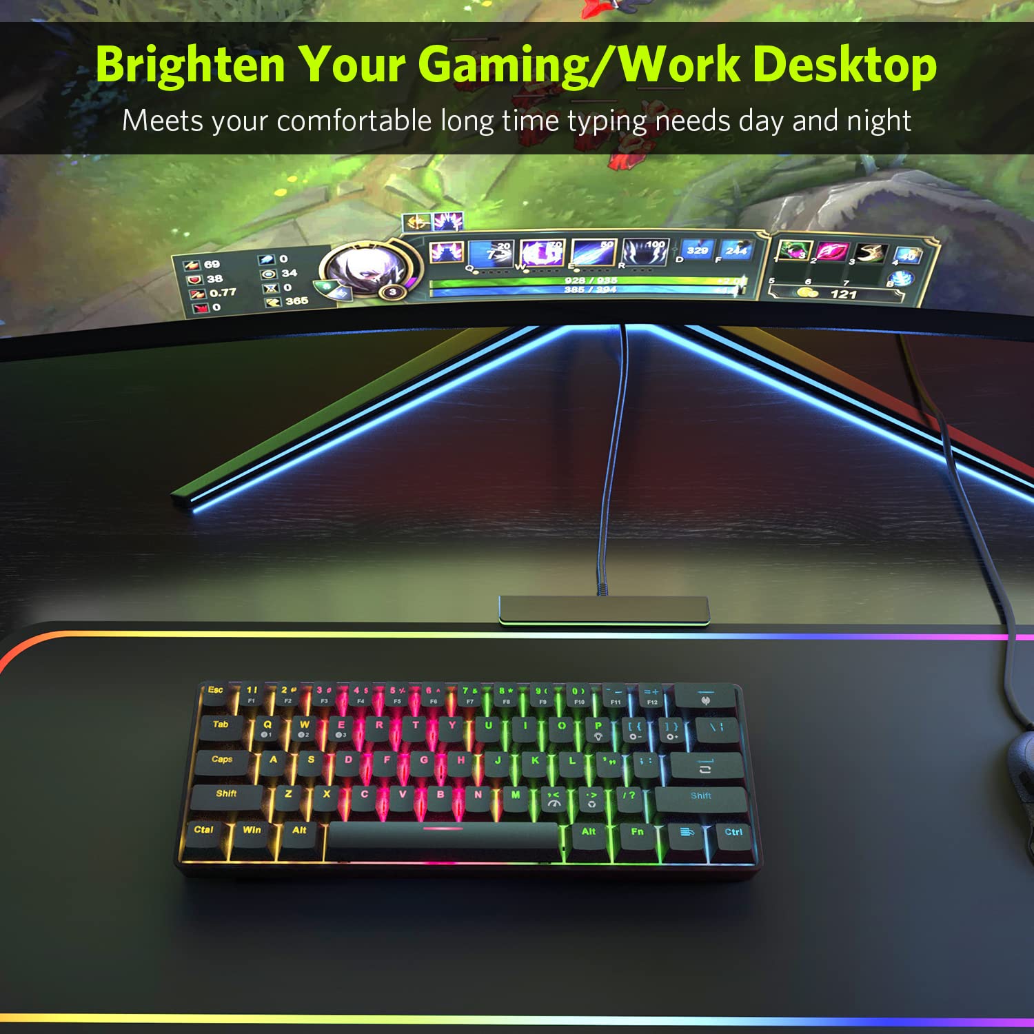 61 Keys RGB Wireless and Wired Mechanical Gaming Keyboard with Blue Switches, Audible Click Sound Rainbow Portable Compact Mini Office Keyboard for Windows PC Gaming, (F-SG61)