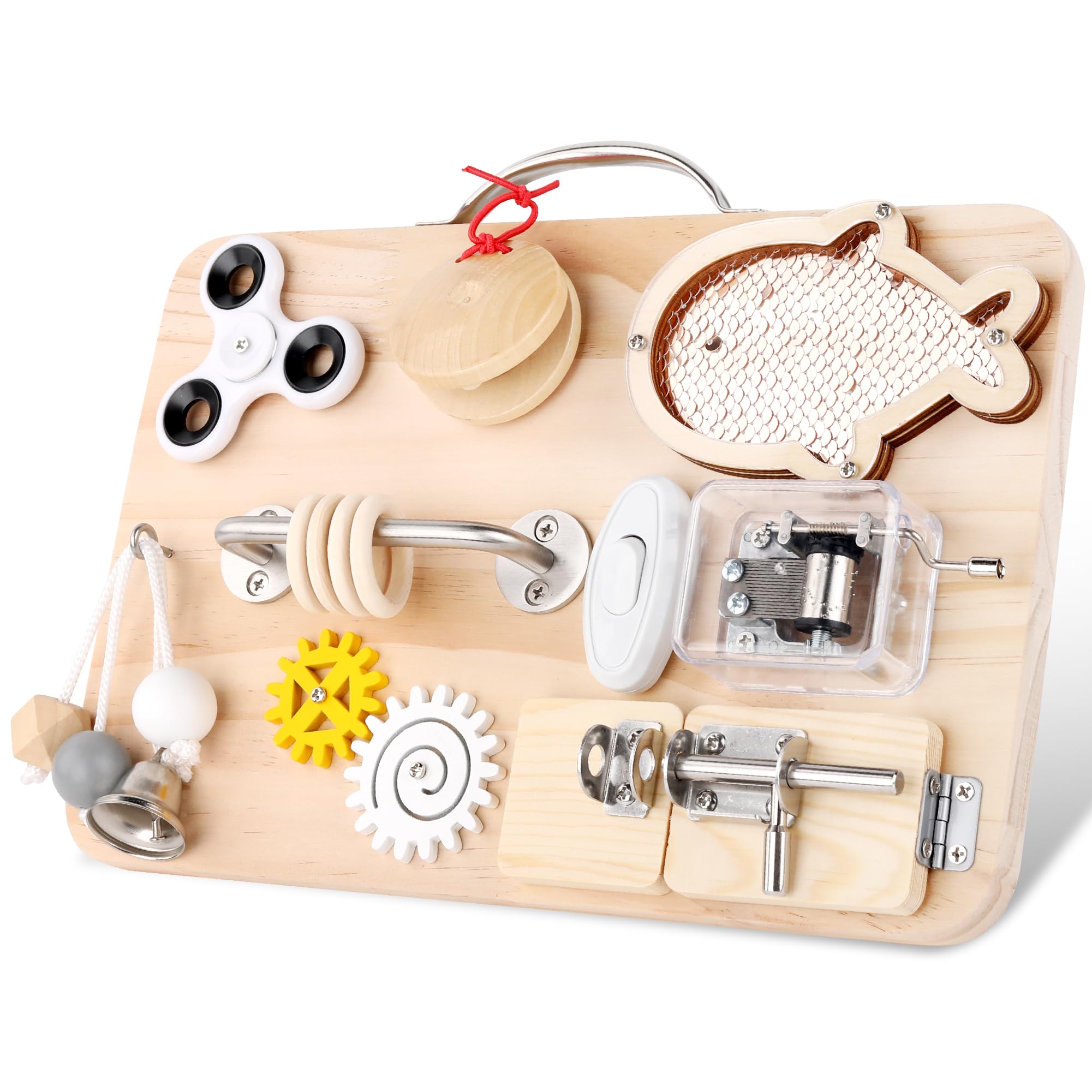 Photo 1 of Pithfor Wooden Busy Board for Toddlers, Montessori Sensory Toys for 1 2 3 4 Year Old, Autism Sensory Toys for Kids Boys Girls, Fine Motor Skills Travel Toys