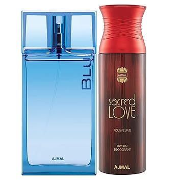 Ajmal Blu EDP Aquatic Woody Perfume 90ml for Men and Sacred Love Deodorant Floral Musky Fragrance 200ml for Women+ 2 Parfum Testers FREE