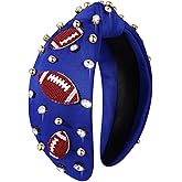 Football Headband for Women Football Accessories Beaded Football Rhinestone Crystal Knotted Headband Jeweled Embellished Game Day Top Knot Hairband Football Mom Hair Accessories (B-Navy Blue)