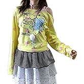 GGOOB Y2k Fake 2 Piece Cute Shirts Women Kawaii Cutecore Graphic Long Sleeve Top Teen Girls 2000s Preppy Aesthetic Clothing