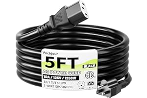 VOCKJOUR 3 Prong AC Power Cord Cable 5ft 10 Amps 125 Volts 18AWG, NEMA 5-15P to C13, Black PC Power Cable for TV, Computer, Monitor, Printer, PlayStation, HP, Dell, Lenovo, Apple, Asus-ETL Listed