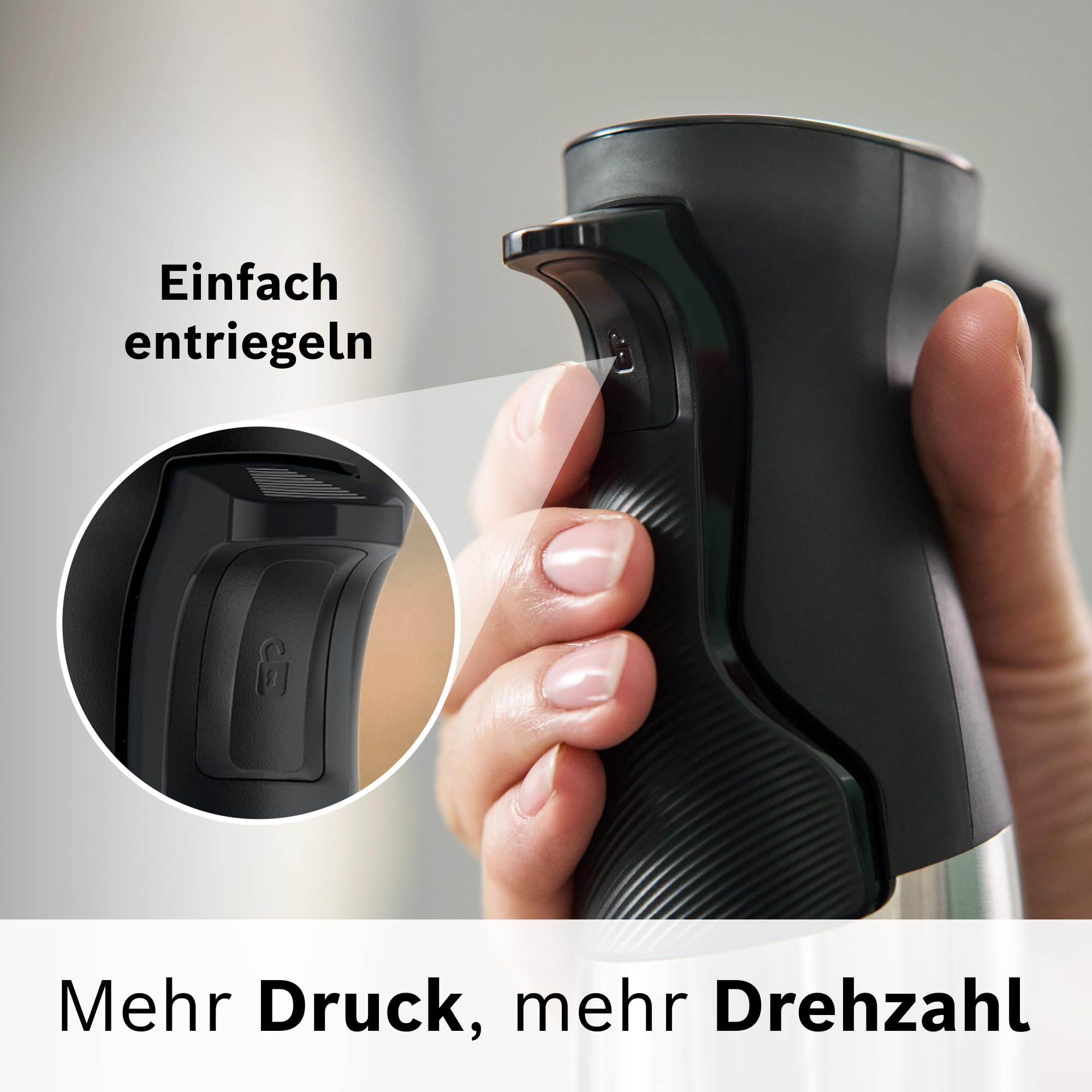 Bosch Stabmixer ErgoMaster Serie 6, Zerkleinerer, einhändig bedienbar, 4 Edelstahl-Klingen verschleißfreie Keramik-Kupplung, Luftkühlung, langlebig, Mixbecher, leistungsstark, 1200 W, MSM6M830 6