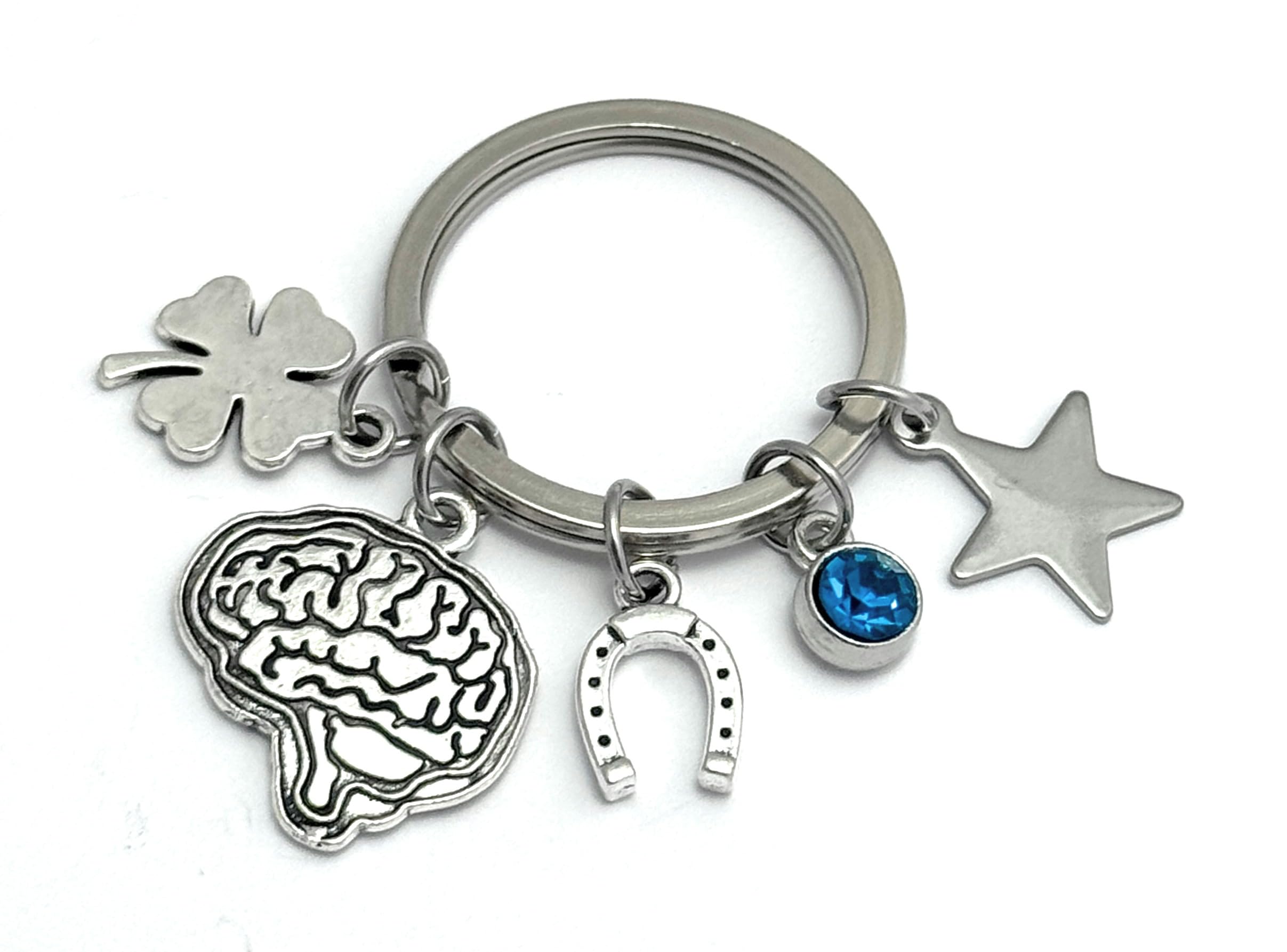 FizzyButton Gifts Exam Good Luck Keyring Key Ring in Gift Bag with Horseshoe, Brain, Four Leaf Clover, Star and Turquoise Rhinestone Charms